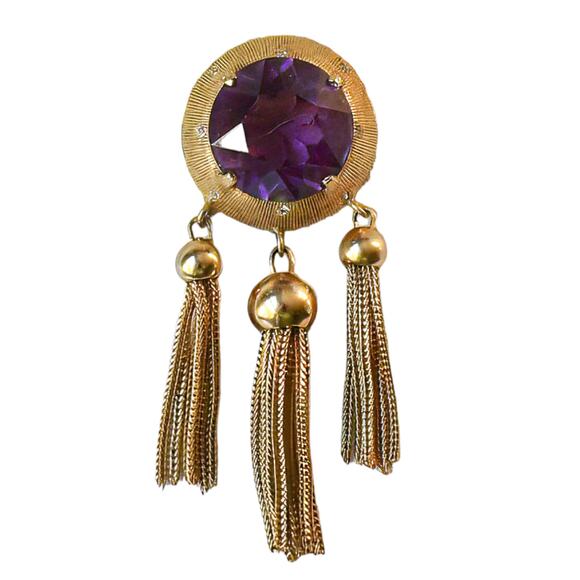 1960s Benedikt NY Purple Rhinestone Textured Gold Plate Mesh Tassel Pin Brooch - Picture 3 of 3